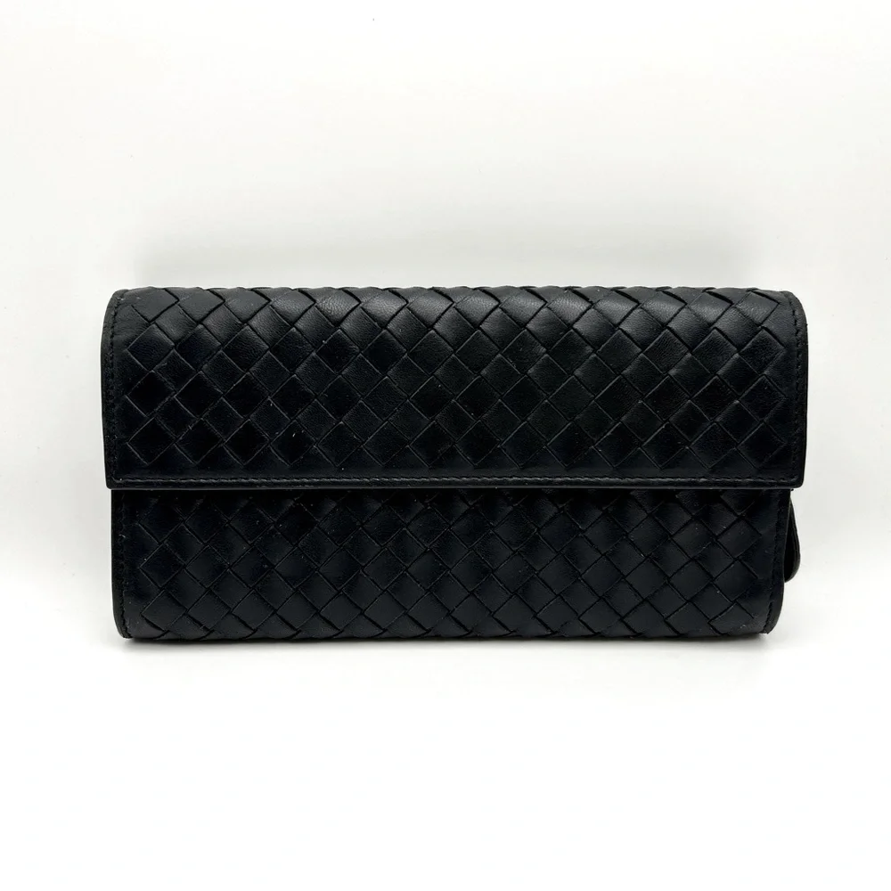 Authenticated Bottega Veneta Black Intrecciato lambskin long wallet